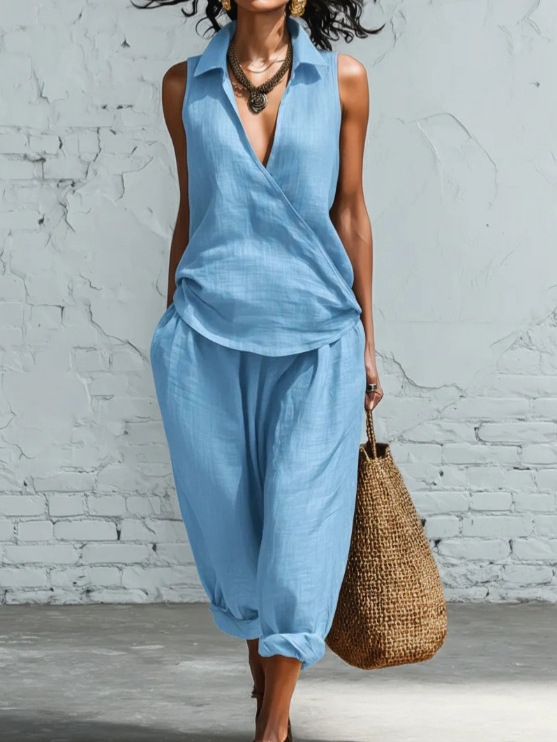 Casual Grey Linen Wrap Front Sleeveless Top And Wide Leg Pants Set